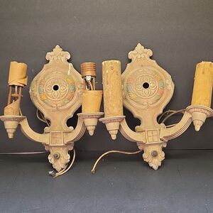 Set‎ of 2 Art Deco Polychrome Aluminum Wall Sconces Double Candle 10"